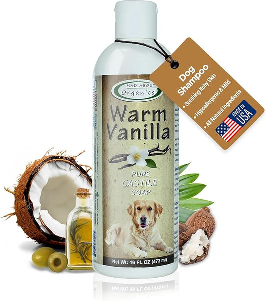 Warm Vanilla Dog Shampoo - Gentle Castile Soap for All Coat Types, Mild and Enriching Hydrating Formula for Dogs 4 Weeks & Above, Carefully Crafted, 16 oz