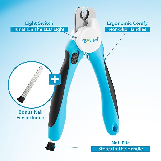 BOSHEL LED Large Dog Nail Clippers, Dog Nail Trimmers for Large Breed with Quick Sensor, Dogs Trimmer with Light & Safety Guard, Sharp Pet Nails Clipper, Pet Claw Clippers, Pets Toenail Cutter & File