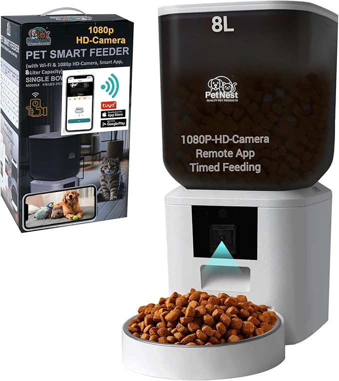 8L Smart Dog and Cat Feeder with WiFi and HD Camera | Automatic Pet Food Dispenser with Tuya App Control, Video Monitoring, Voice Recorder, Night Vision, Timed Feeding | BPA-Free Single Bowl Feeder