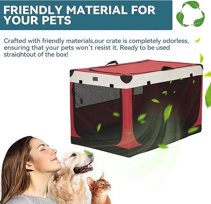 PETSFIT Collapsible Dog Crate, with Patented Adjustable Fabric Cover, Chewproof & Lockable Mesh Doors, Waterproof Base Portable Kennel Red 40 Inch