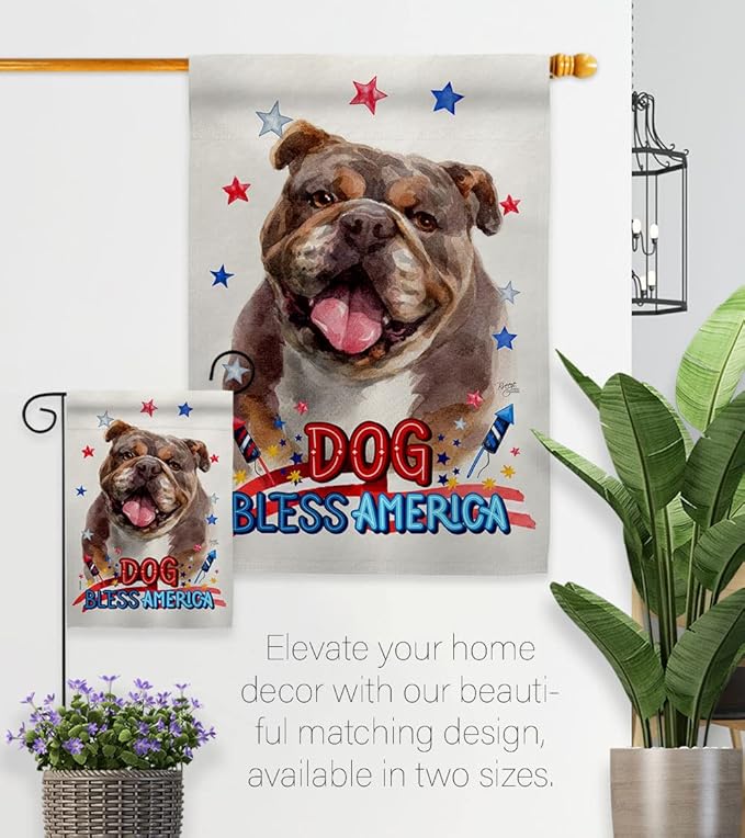 Breeze Decor Patriotic Chocolate Bulldog House Flag Dowel Set Dog Puppy Spoiled Paw Canine Fur Pet Nature Farm Animal Creature Banner Small Garden Yard Gift Double-Sided, Made in USA