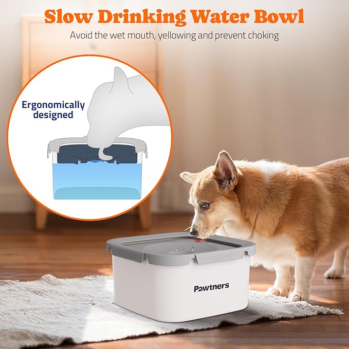 Dog Water Bowl No Spill, 4.5L Stainless Steel Dog Floating Bowl, Slow Water Bowl for Dog with Filter, Non-Slip Base, No Splash Water Bowl for Medium Large Messy Drinkers White
