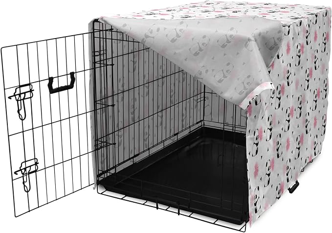 Lunarable Panda Dog Crate Cover, Cartoon Style Bear Drawings Pinkish Foliage Leaves Chinese, Easy to Use Pet Kennel Cover for Medium Large Dogs, 48 Inch, Pale Pink Rose Black