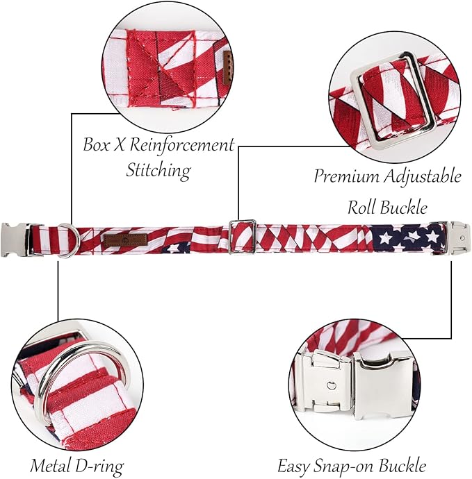 Lionet Paws Patriotic Female Dog Collar with Flower, 4th of July, Soft and Comfortable Adjustable American Flag Collar for X-Large Dogs, Neck 16-26 inches
