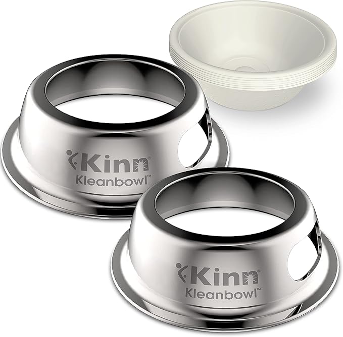 Kinn Kleanbowl Pet Bowl Stainless Steel Frame with Compostable Refills, 8 oz (Pack of 2) – Spill-Proof Stable Disposable Pet Bowls for Easy Cleaning and Healthy Pets, No Plastic