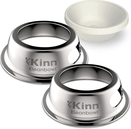 Kinn Kleanbowl Pet Bowl Stainless Steel Frame with Compostable Refills, 8 oz (Pack of 2) – Spill-Proof Stable Disposable Pet Bowls for Easy Cleaning and Healthy Pets, No Plastic