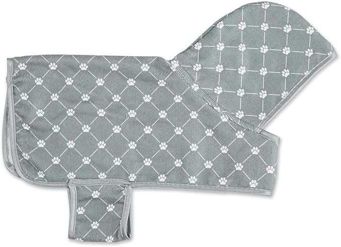 Bone Dry Pet Robe Collection, Trellis Paw Print, Absorbent Microfiber Bath Robe with Adjustable Closure for Dogs & Cats, X-Small, Gray