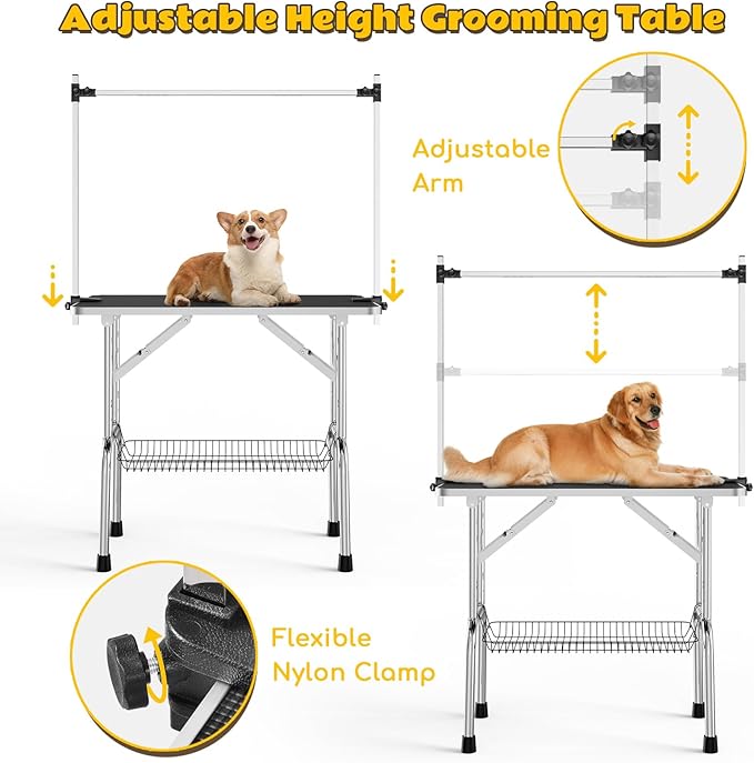 46" Dog Grooming Table, Adjustable Grooming Table for Dogs at Home, Foldable Pet Grooming Table with Arm, Noose, Mesh Tray, Portable Large Dog Grooming Table Maximum Capacity 300 LBS, Black