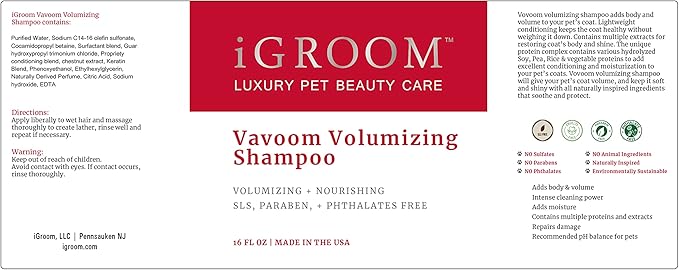 iGroom Dog Shampoo + Dog Conditioner Groomers Bundle - Vavoom Volumizing Dog Shampoo, Add Body and Volume, 16 oz - Pro-Keratin Leave-in Dog Conditioner, Excellent Detangling, 16 oz