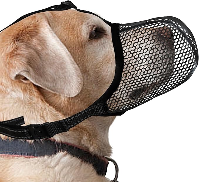 Black Dog Muzzle, Breathable Muzzle for Large Dogs to Prevent Barking Biting Chewing, Reflective & Adjustable Basket Muzzle with Air Mesh for Doberman Black XL