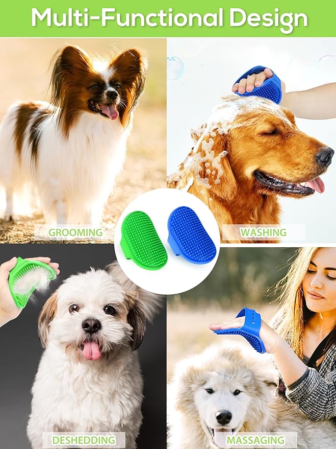 Jenseits Dog Bath Brush, 2pcs Pet Shampoo Brush, Soothing Massage Rubber Bristles Curry Comb for Dogs & Cats Washing, Multi-Functional Wet or Dry Silicone Brush (Green+Blue, Round)