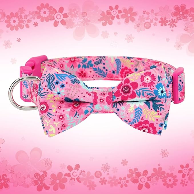 Didog Floral Dog Collar with Bow, Cute Girl Dog Collars with Detachable Bowtie, Soft & Comfy Spring Summer Dog Collar for Small Medium Large Dogs Gift Holiday, Hot Pink, M