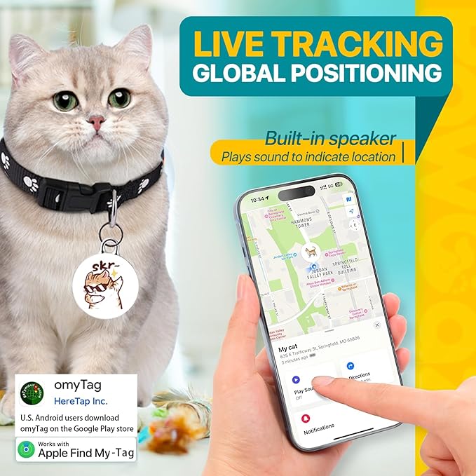 Cat Tracker-Airtag Cat Collar-GPS Tracker for Cats-Android Airtag-Pet Tracker| Android and iOS Universal | No Monthly Fee | No Charging Required | Waterproof