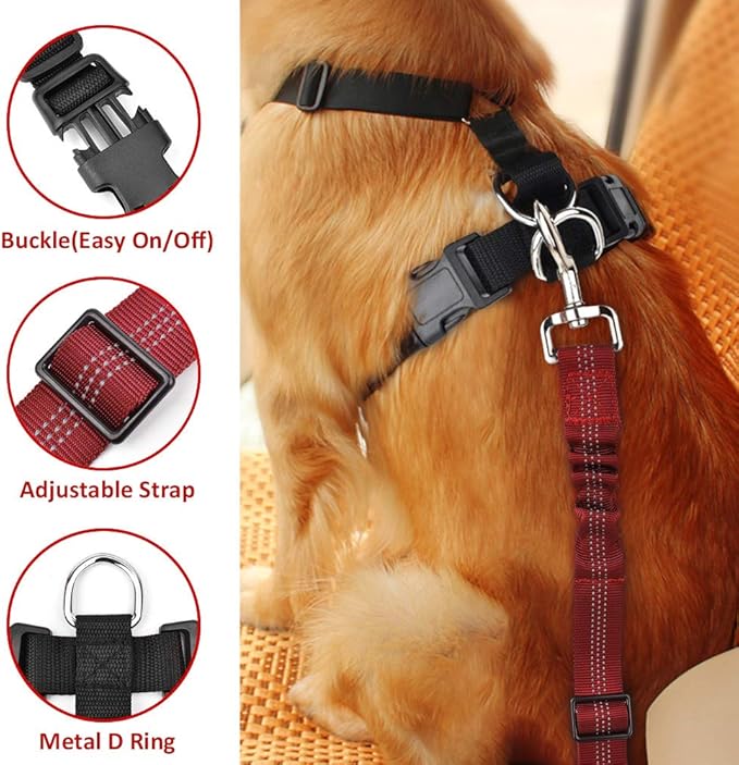 SlowTon Dog Seat Belt Harness for Car, Dog Car Harness Adjustable Mesh Breathable & Dog Seatbelt Safety Tether with Elastic Bungee for Small Medium Large Pets
