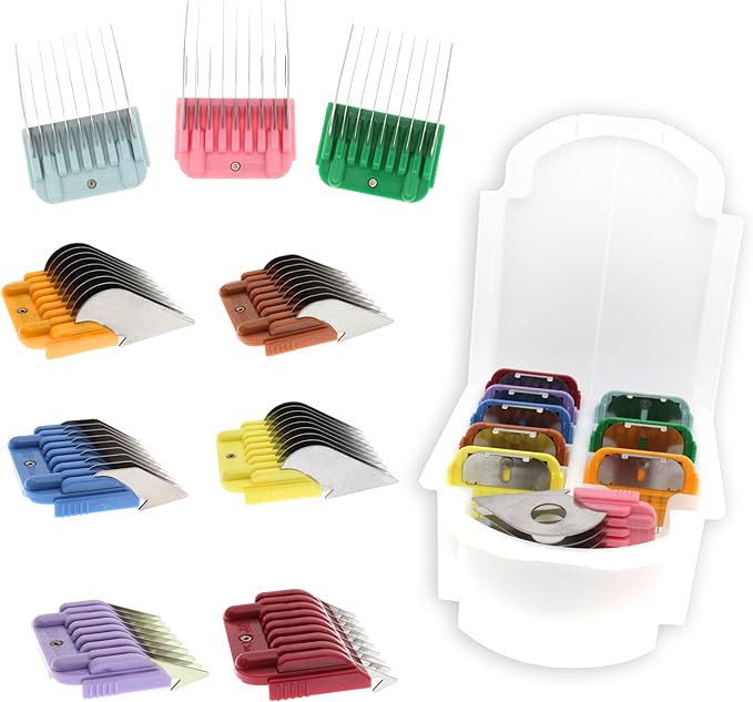 9 Piece Clipper Guard Attachment (3mm to 32mm) Set Fits for A5 Type Blades with Color Coded System | Stainless Steel Blade for Professional Dog Groomers and Stylists - Pack of Nine Sizes
