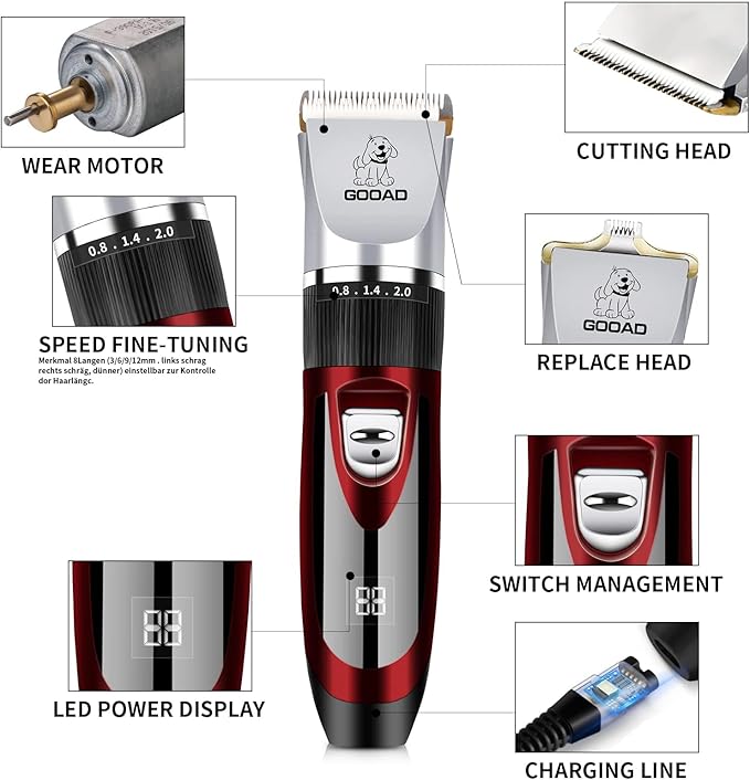 Goood Cat Clippers for Matted Hair - Professional Grooming Kit with Quiet Paw Trimmer & Nail Grinder - Suitable for Cats & Small Dogs (Red+Black)