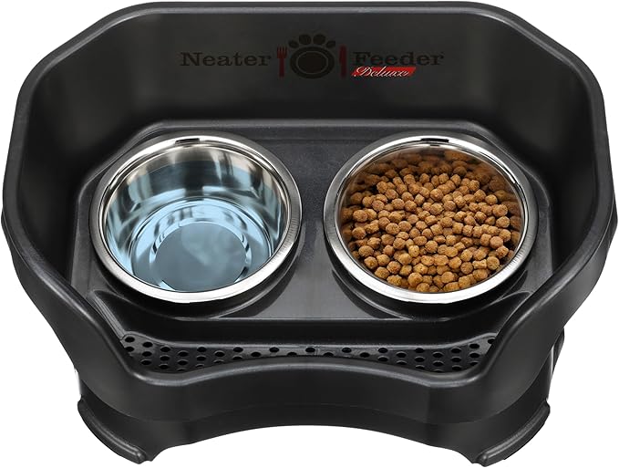 Neater Feeder Deluxe Mess Proof Dog Bowls Elevated Medium Sized Dog Breed – Made in USA – No Spill Raised Dog Food Bowl Stand – Stainless Steel Food and Water Bowl Set, Pet Feeding Station, Black
