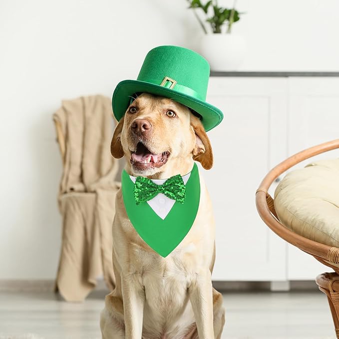 ADOGGYGO St.Patrick's Day Dog Tuxedo Bandana, Green Pet Tux Collar with Bowtie Adjustable St Patricks Costume for Medium Large Dogs Pets (L)