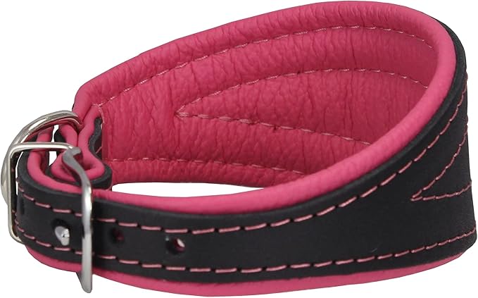 Real Leather Extra Wide Padded Tapered Dog Collar Glossy Black Greyhound Saluki Deerhound Lurcher Whippet Dachshund (16.75"-20" Neck; 3" Wide, Pink)