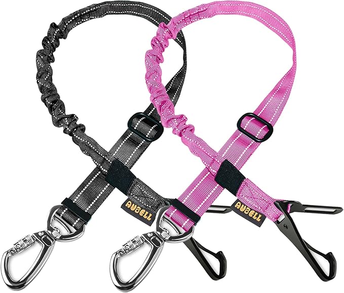 AUBELL Dog Seatbelt, Updated 3-in-1 Pet Car Seat Belt for Dogs, Bungee Dog Car Tether with Clip Hook Latch & Buckle, Heavy Duty Dog Car Harness with Swivel Aluminum Carabiner,Black+Hotpink
