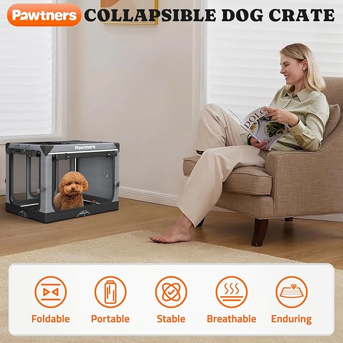 Collapsible Dog Crate: 26 Inch Foldable Soft Sided Dog Crate for Small Dogs, Portable Dog Travel Kennel with Soft Mat for Indoors & Outdoors, Grey