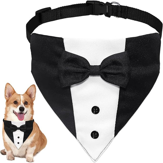 Dog Tuxedo Suit Wedding Bandana Collar with Bow Tie, Adjustable Formal Dog Tux, Engagement Birthday Tuxedo for Small Medium Large Dogs Pets (Small: Neck 12.5”-21”)