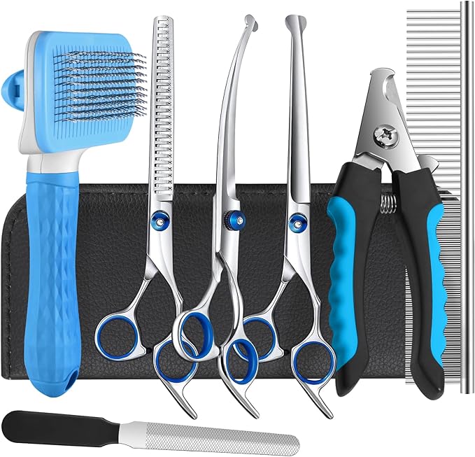 Odoland Dog Grooming Scissors Set Include Dog Slicker Brush, Pet Nail Clippers, Safety Round Tip Pet Grooming Shears for Kit Small Dogs Large Dog and Cats