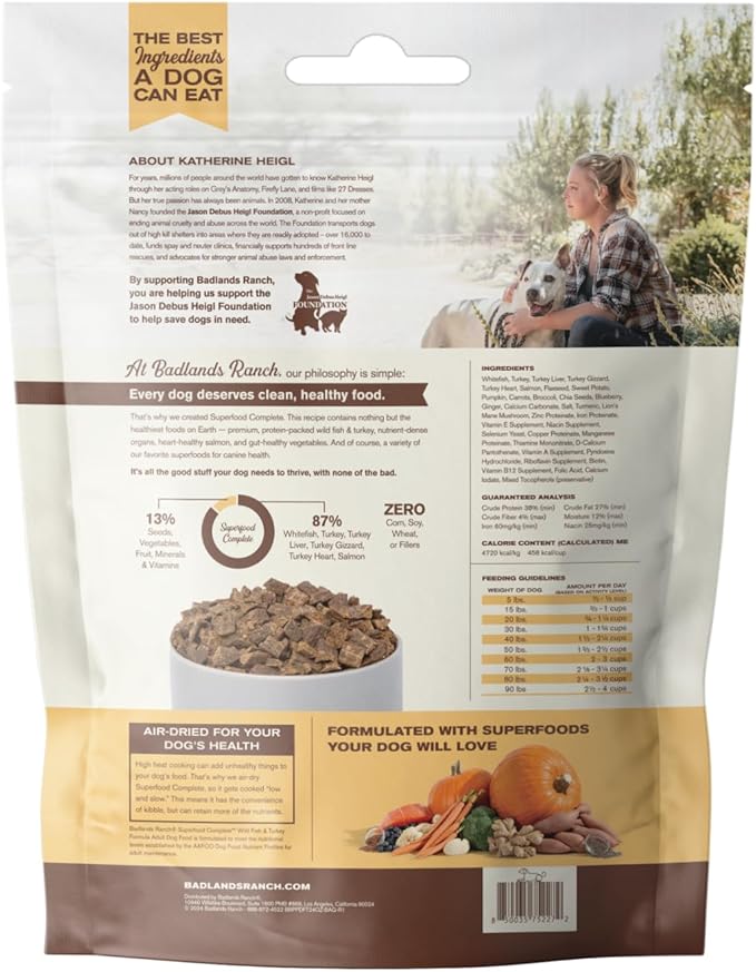 BADLANDS RANCH- Superfood Complete, Air-Dried Adult Dog Food - High Protein, Zero Fillers, Superfood Nutrition by Katherine Heigl (24 oz. Wild Fish and Turkey Formula)