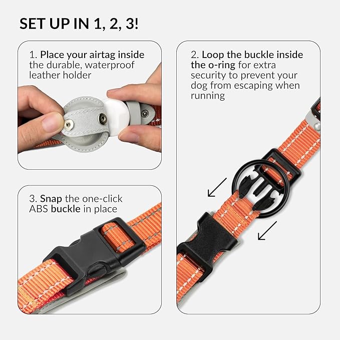 CollarDirect Airtag Dog Collar Reflective Nylon Neoprene Leather Holder for Apple Air Tag for Large, Medium, and Small Dogs (Orange, L, 16.5-20 Inch)