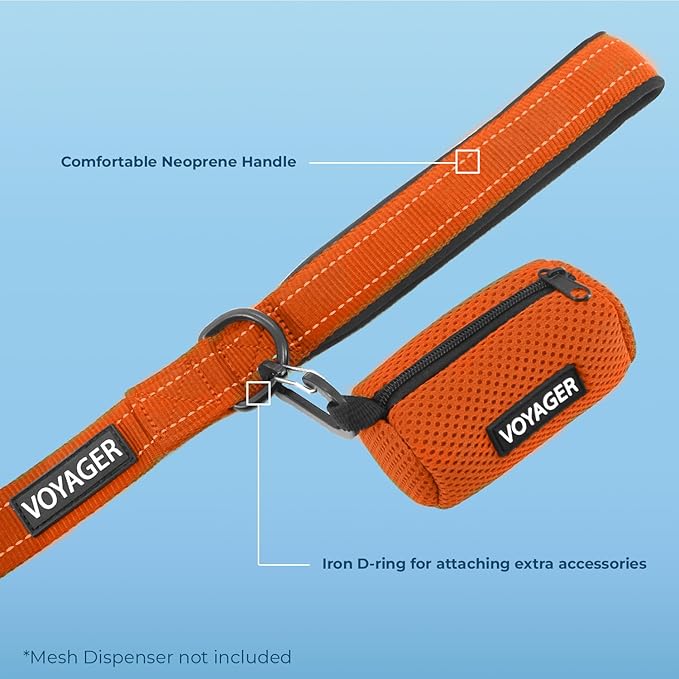 Voyager Reflective Dog Leash Collar Set with Neoprene Handle Supports Small, Medium, and Large Breed Puppies, Cute and Heavy Duty for Walking, Running, and Training - Orange, S