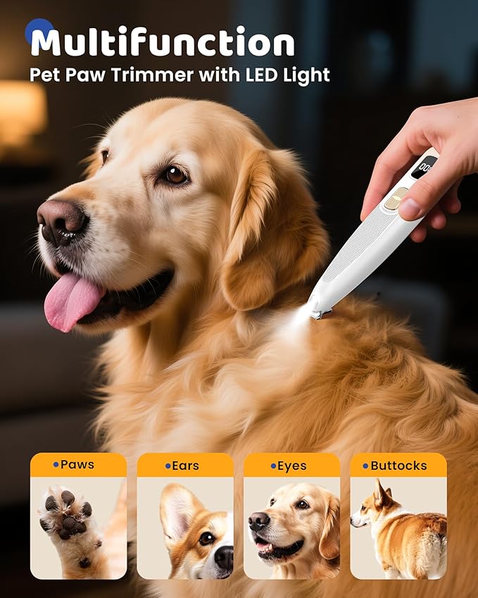 Dog Paw Trimmer with LED Light, 35dB Low Noise Precision Pet Paw Trimmer for Dogs Cats Grooming Clippers, 2 Speed Safety Electric Paw Hair Trimmer for Paws, Ears, Rump, Face, Eyes (White)