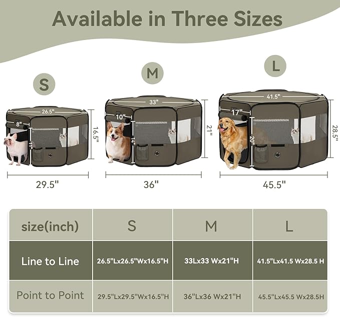 PETSFIT Dog Playpen, 36" Dia Sturdy Foldable Puppy Playpen for Dogs Cats Indoor/Outdoor, Portable Pet Playpen with Carring Case, Removable Mesh Zipper Top and Waterproof Playpen Mat Army Green M