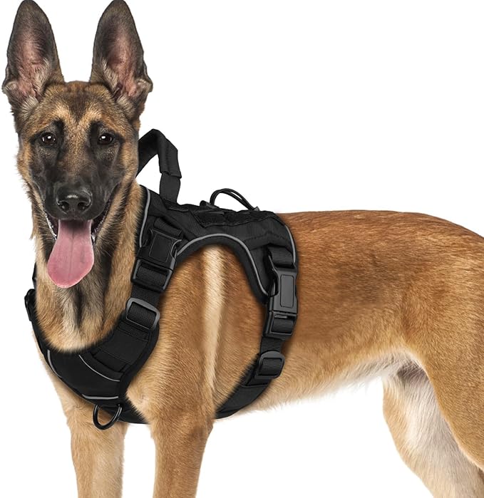 WINGOIN Black Tactical Dog Harness for Medium Small Dogs No Pull Adjustable Reflective Military Pet Harness with Easy Control Handle with Hook & Loop Panels for Walking Hiking Training