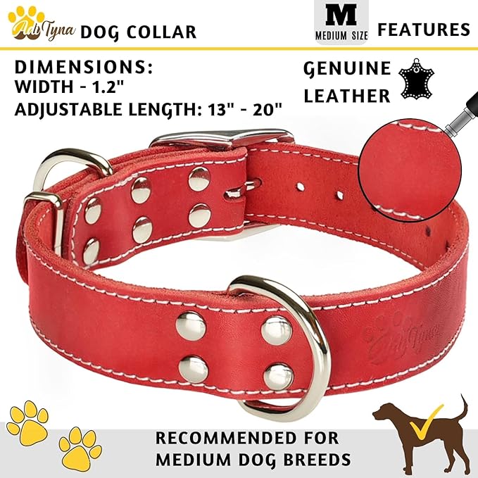 ADITYNA Heavy Duty Leather Dog Collar - Soft and Strong Red Dog Collar for Medium Dogs (Medium: Fit 13" - 20" Neck, Red)
