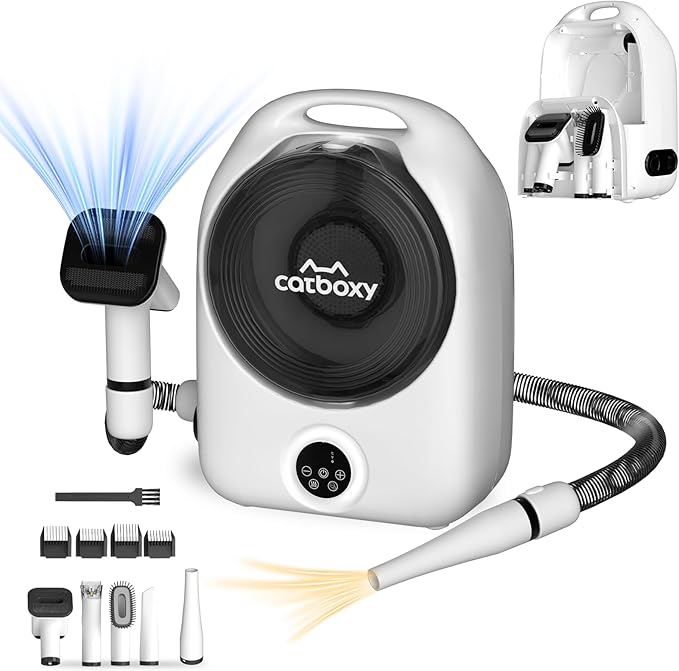 Dog Grooming Vacuum Kit,Cat Dog Hair Dryer Groomer,Pro Pet Hair Remover with Brush,Detangle,Deshed,Clean,Dry Attachments,Negative Ion Constant Temperature Fast Drying,10000Pa Pet Vacuum-White