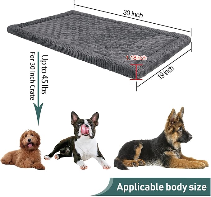 Dog Crate Pad 30x19 inch Gray Memory Foam Dog Bed Mat for Small Medium Dog Grey Washable Puppy Sleeping Bed Anti Slip