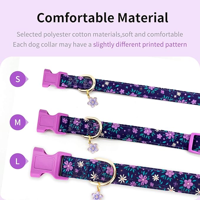 Fashionable Dog Collar with Bow Tie for Small Medium Large Dogs,Cute and Soft Puppy Collar for Male Female Dogs,Durable Cotton Dog Collar with Adjustable Buckle Butterfly Pattern (S, Purple Flower)