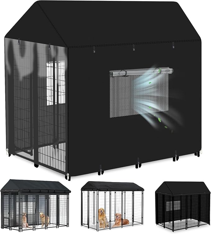 Outdoor Dog Kennel Cover Heavy Duty Full Coverage 600D Waterproof and Durable Dog Crate Cover for 4.2'Dx4.2'Wx4.5'H Multiple Brands of Dog Kennelswith Mesh Breathable Good Observation （Covers Only）