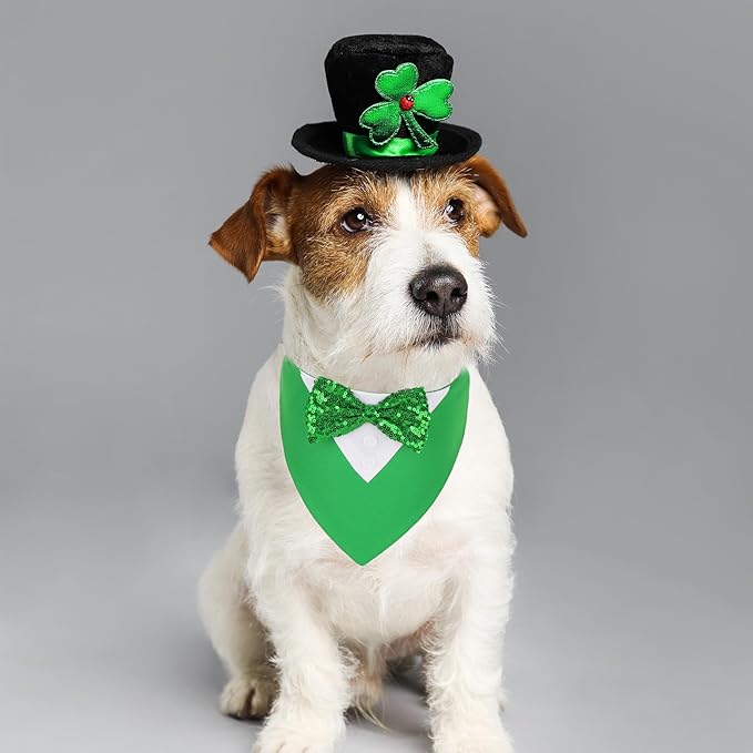 ADOGGYGO St.Patrick's Day Dog Tuxedo Bandana, Green Pet Tux Collar with Bowtie Adjustable St Patricks Costume for X-Small Dogs Pets (XS)