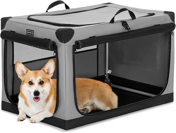 PETSFIT Collapsible Dog Crate, with Patented Adjustable Fabric Cover, Chewproof & Lockable Mesh Doors, Waterproof Base Portable Kennel Grey 30 Inch