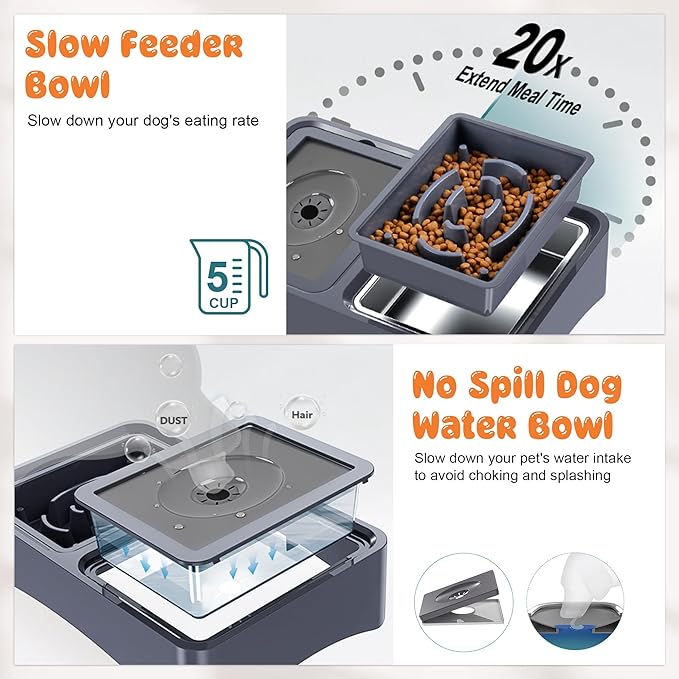 DecFlow 3-in-1 Elevated Dog Bowls - 4 Height Adjustable, Stainless Steel, Slow Feeder, No Spill Water Bowl, Foldable for Medium Large Dogs
