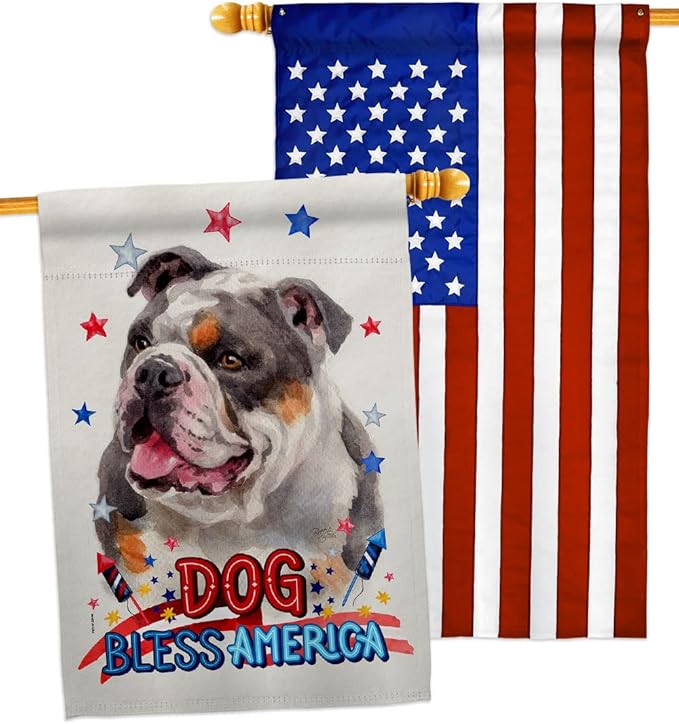 Breeze Decor Patriotic Merle Bulldog House Flag Pack Dog Puppy Spoiled Paw Canine Fur Pet Nature Farm Animal Creature Applique Banner Small Garden Yard Gift Double-Sided, Made in USA
