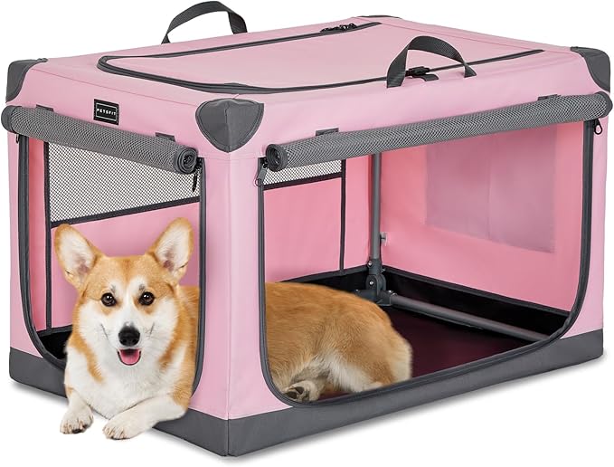 PETSFIT Soft Dog Crate, with Patented Adjustable Fabric Cover, Chewproof & Lockable Mesh Doors, Waterproof Base Collapsible Kennel Pink 30 Inch
