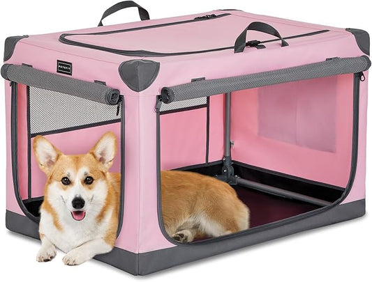PETSFIT Soft Dog Crate, with Patented Adjustable Fabric Cover, Chewproof & Lockable Mesh Doors, Waterproof Base Collapsible Kennel Pink 30 Inch
