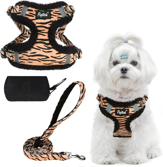 PUPTECK No Pull Dog Harness and Leash Set Reflective No Choke Step in Puppy Halter for XS Small and Medium Sized Dogs, Brown Tiger Print, Plush, XS
