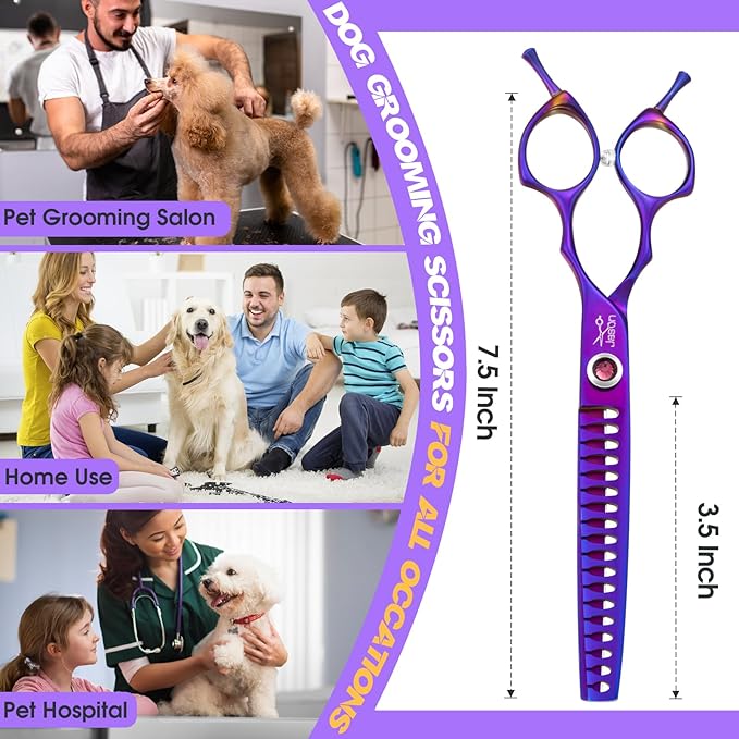 JASON Dog Scissors for Grooming - 7.5" Chunker Scissors for Dog Grooming, Japanese 440C Stainless Steel Chunking Shears with Diamond Adjustable Screw (18 Teeth, Purple)