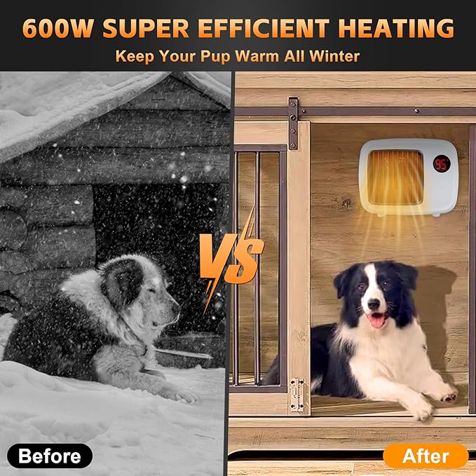 Dog House Heater, Pet House Heater with Thermostat Anti Chew Cord Overheat Protection Wall-Mounted 2 Heating Mode (300/600W) Warmer for Hound Kennel Cat Cage Chicken Coop