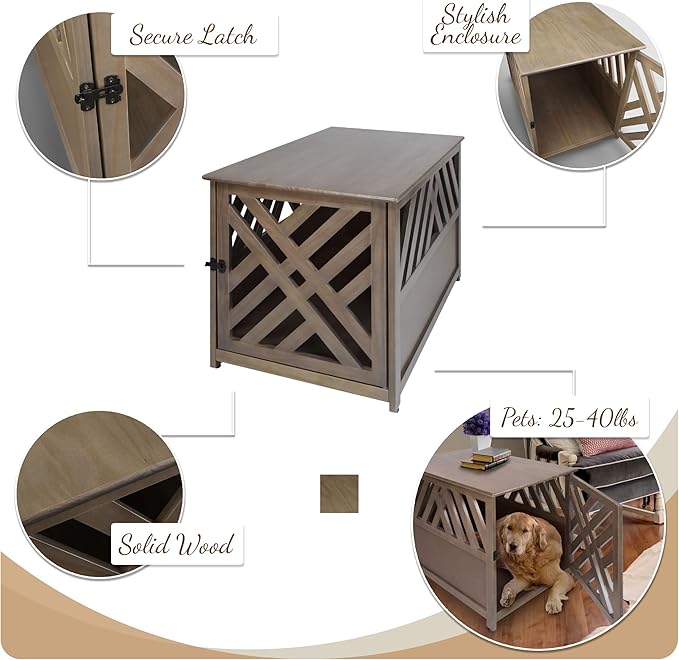 Casual Home Wooden Lattice Pet Crate, End Table, Taupe Gray