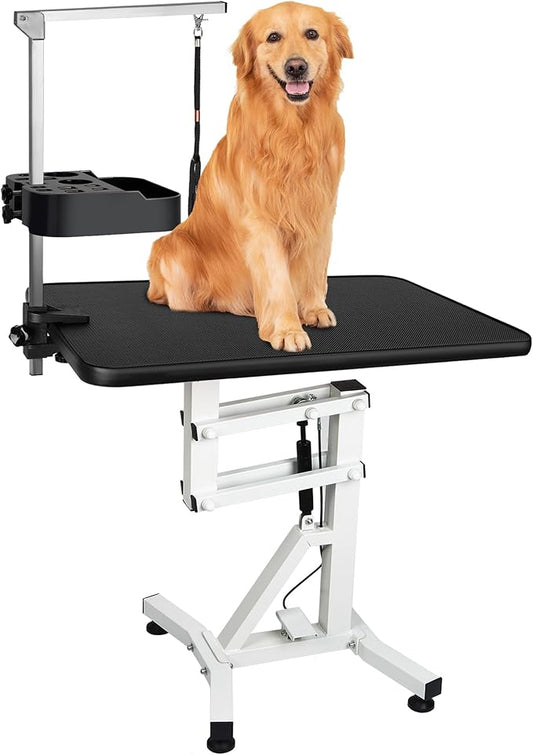 31" Dog Grooming Table, Pneumatic Lift Adjustable Small Pet Trimming Station for Home with Anti-Skid Rubber and Rotatable Desktop （Up to 50lbs）