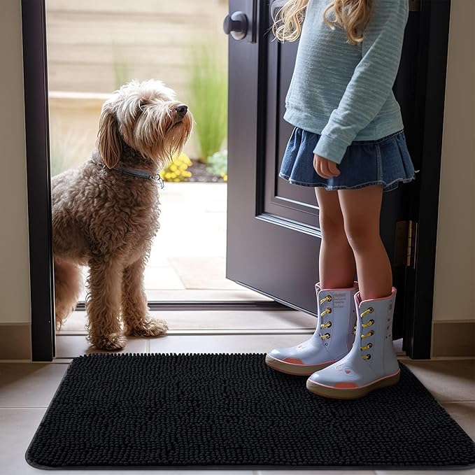 OLANLY Dog Door Mat for Muddy Paws 48x30, Absorbs Moisture and Dirt, Absorbent Non-Slip Washable Mat, Quick Dry Chenille, Mud Mat for Dogs, Entry Indoor Door Mat for Inside Floor, Black